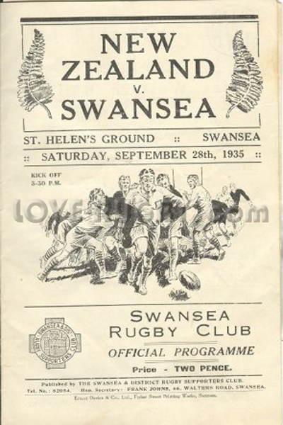 1935 Swansea v New Zealand  Rugby Programme